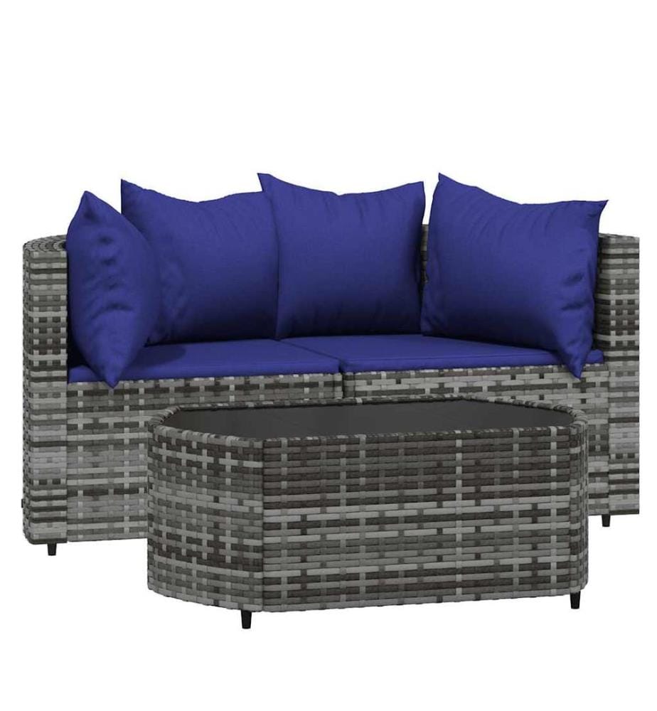 3-tlg. Garten-Lounge-Set mit Kissen Grau Poly Rattan