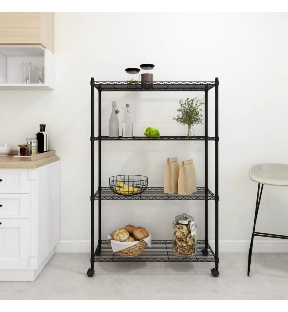 Lagerregal mit 4 Böden und Rollen 90x35x142 cm Schwarz 200 kg