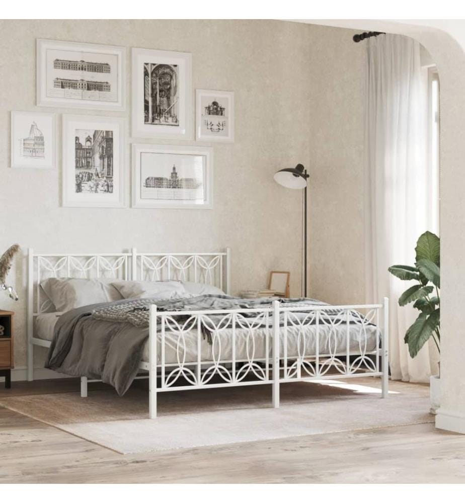 Cadre de lit métal sans matelas et pied de lit blanc 160x200 cm
