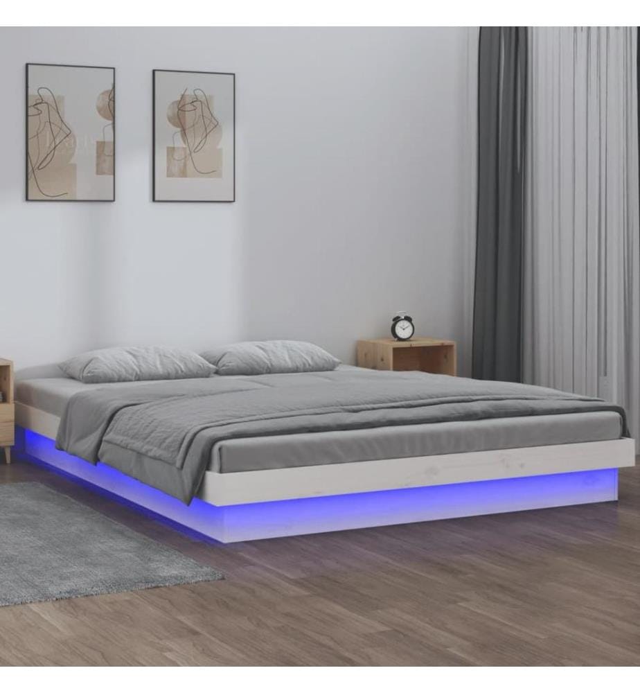Cadre de lit à LED sans matelas blanc bois massif