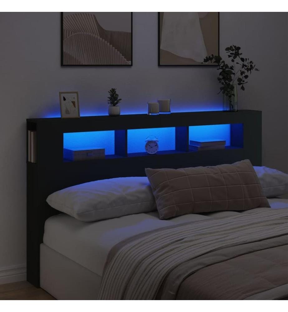 Tête de lit à LED noir 180x18,5x103,5 cm bois d'ingénierie