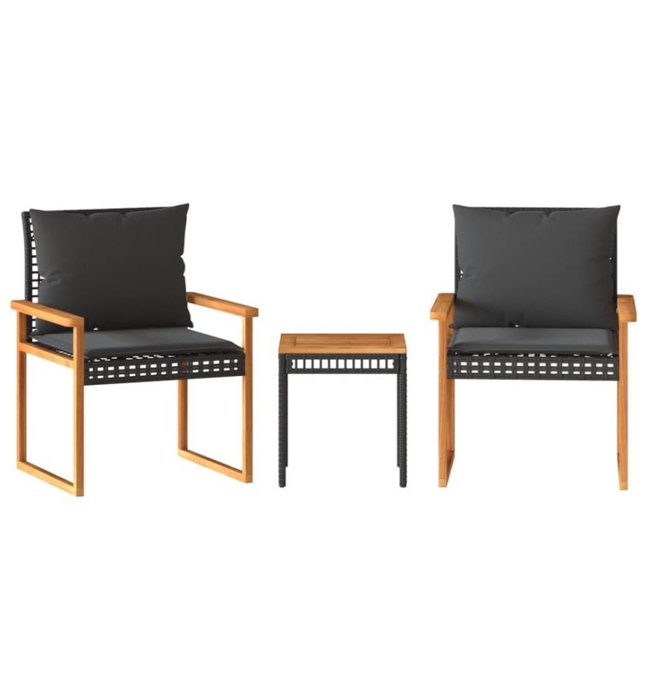 3-tlg. Bistro-Set mit Kissen Schwarz Poly Rattan Akazienholz