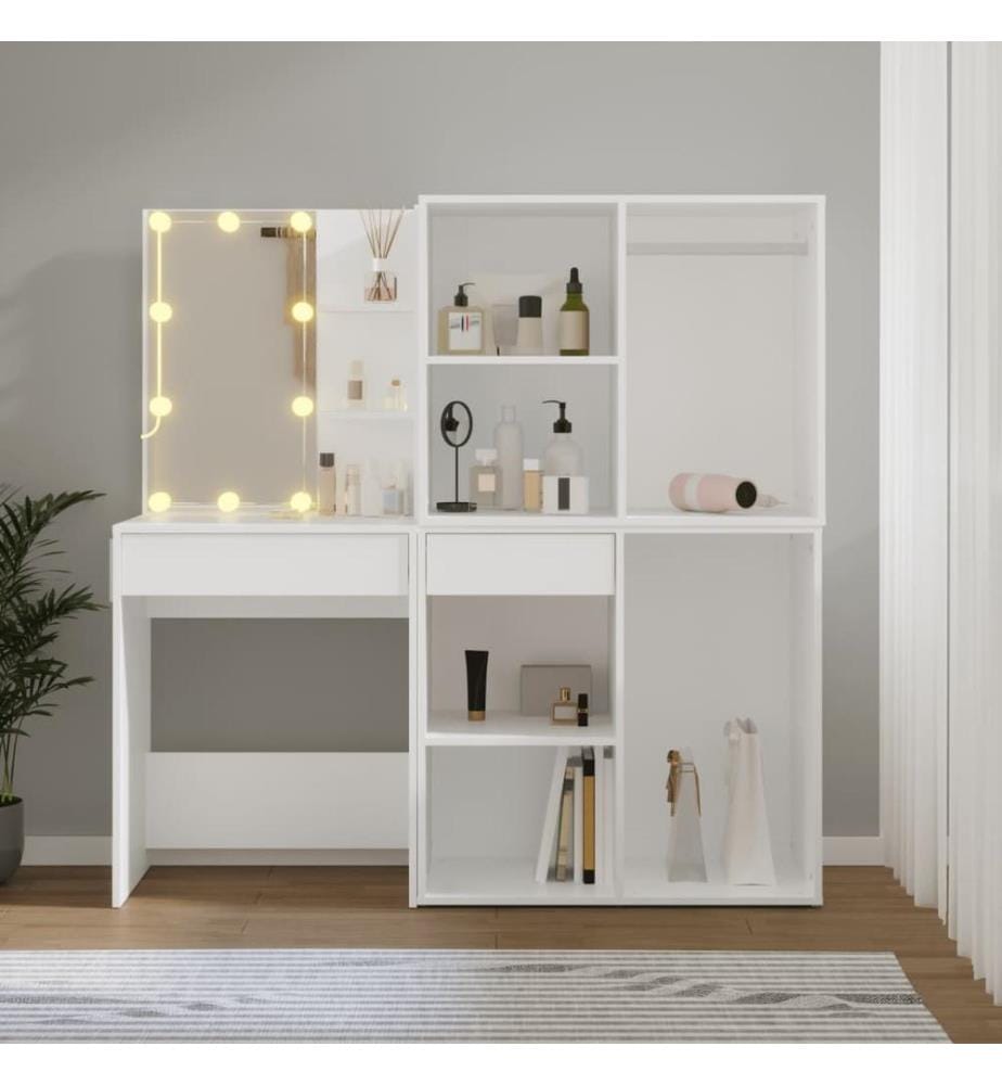 Coiffeuse à LED avec 2 armoires Blanc Bois d'ingénierie