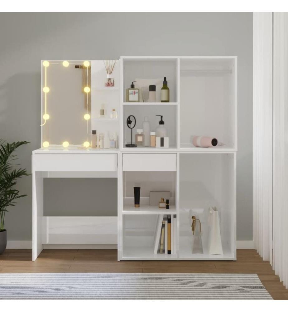 Coiffeuse à LED et 2 armoires Blanc brillant Bois d'ingénierie