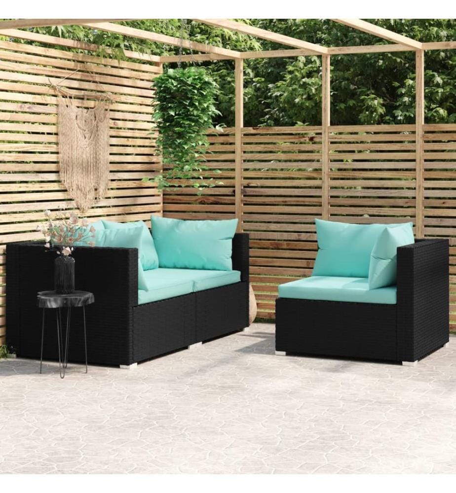 3-tlg. Garten-Lounge-Set mit Kissen Schwarz Poly Rattan