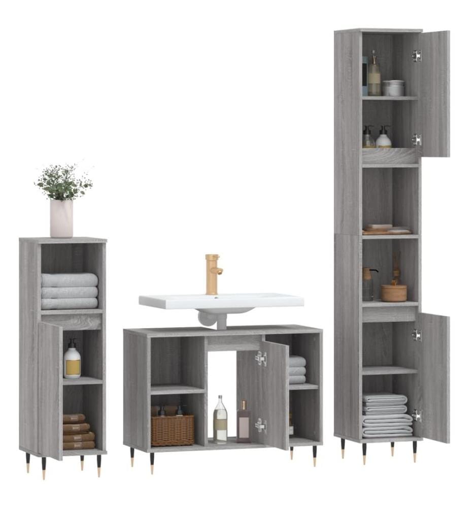 3-tlg. Badmöbel-Set Grau Sonoma Holzwerkstoff