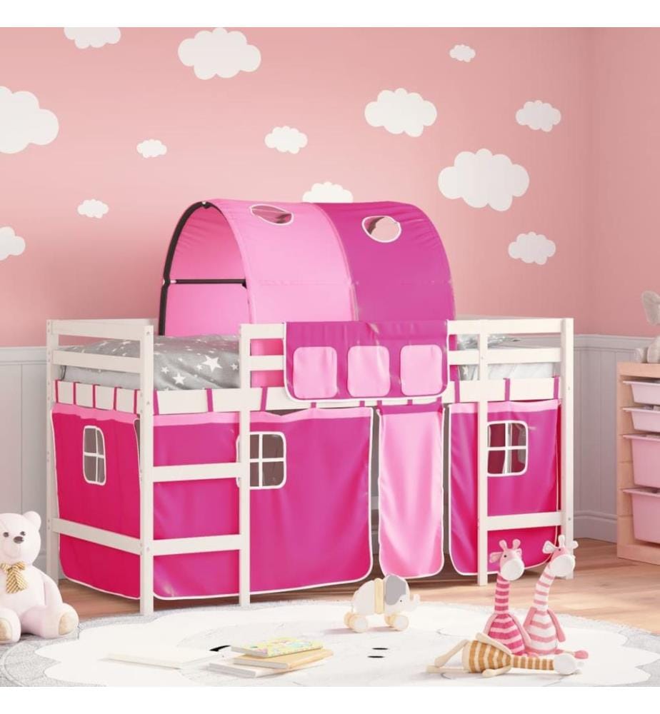 Lit mezzanine enfants avec tunnel sans matelas rose 90x190 cm