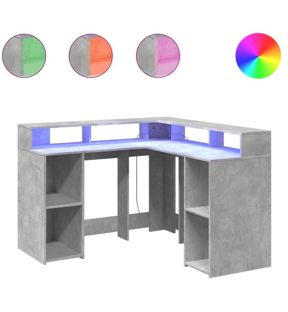 Bureau et lumières LED gris béton 130x130x91cm bois ingénierie