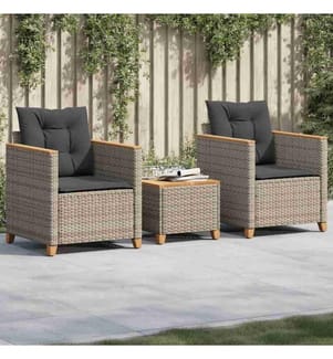 3-tlg. Bistro-Set mit Kissen Grau Poly Rattan Akazienholz