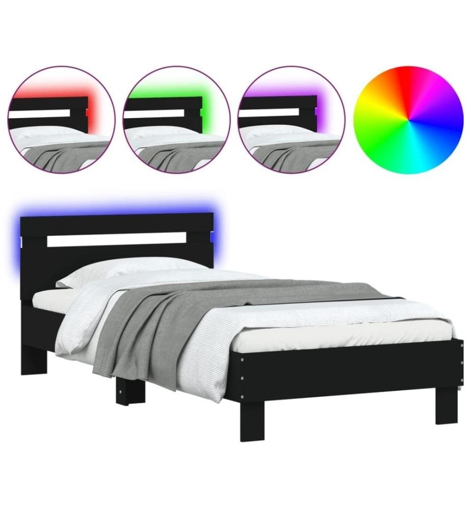 Bettgestell mit Kopfteil und LED-Leuchten Schwarz 90x200 cm