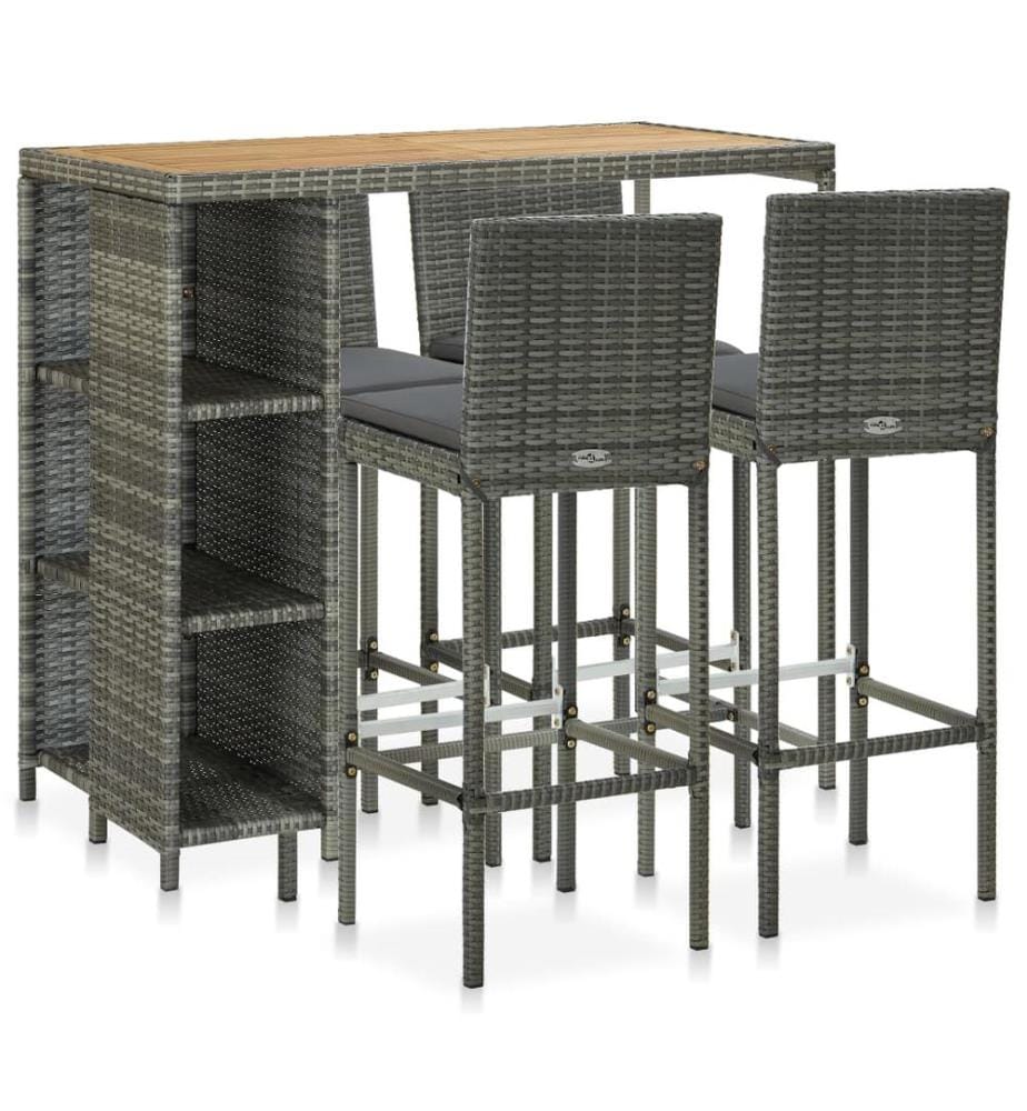 5-tlg. Gartenbar-Set mit Kissen Poly Rattan Grau