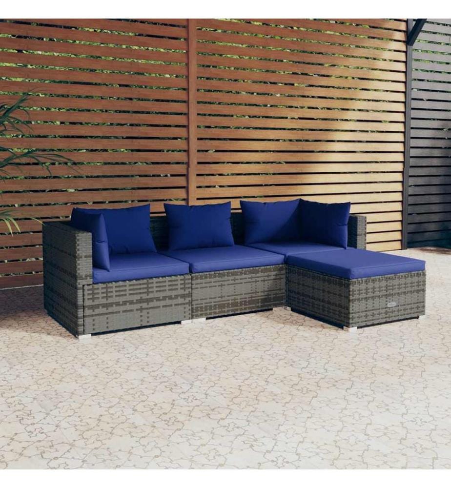 4-tlg. Garten-Lounge-Set mit Kissen Poly Rattan Grau