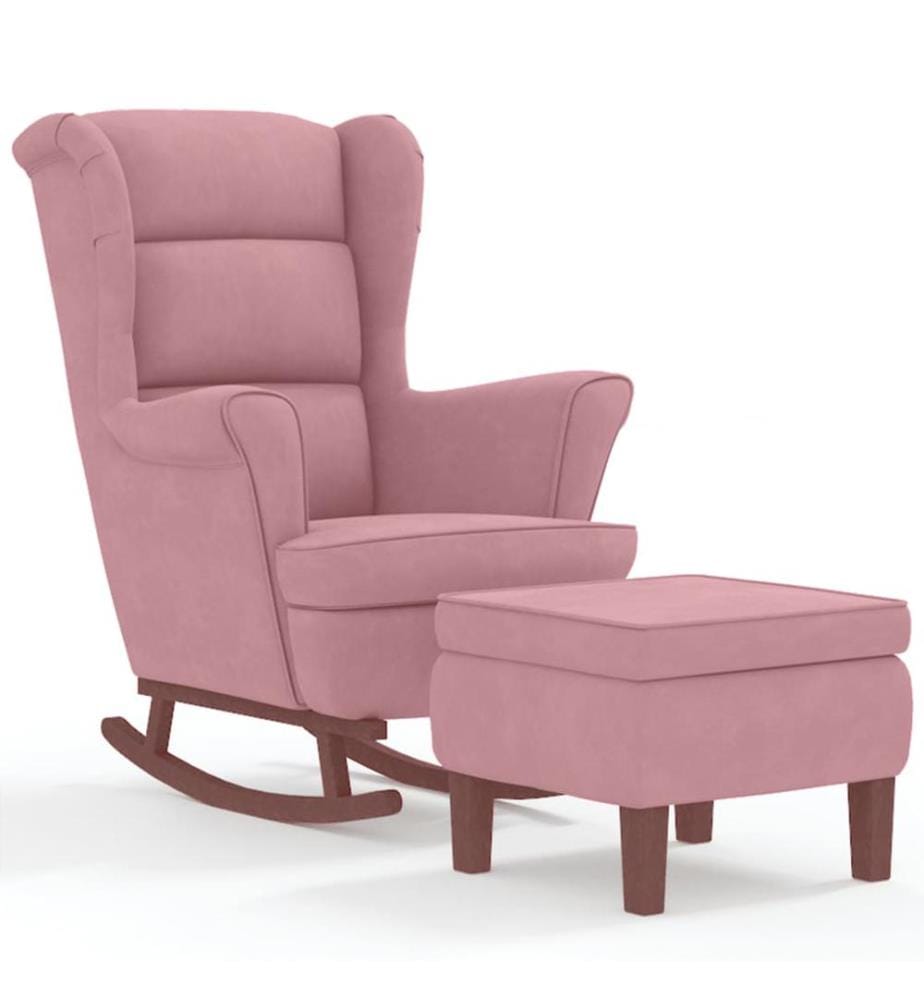 Schaukelsessel und Hocker mit Holzbeinen Rosa Samt
