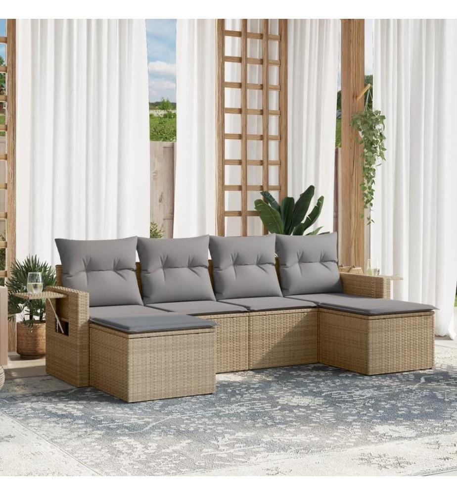 6-tlg. Garten-Sofagarnitur mit Kissen Beige Poly Rattan