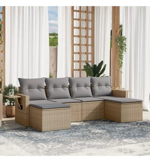 6-tlg. Garten-Sofagarnitur mit Kissen Beige Poly Rattan