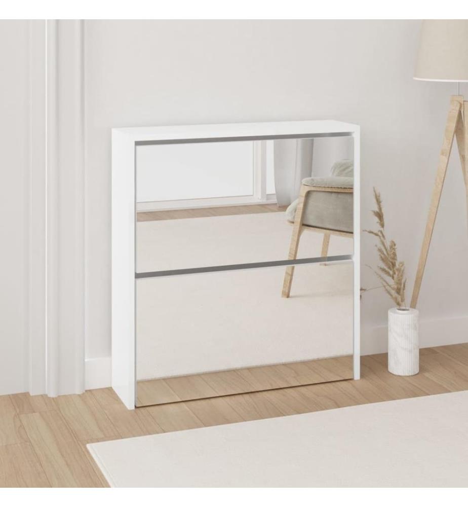 Schuhschrank mit Spiegel 2 Fächer Hochglanz-Weiss 63x17x67 cm