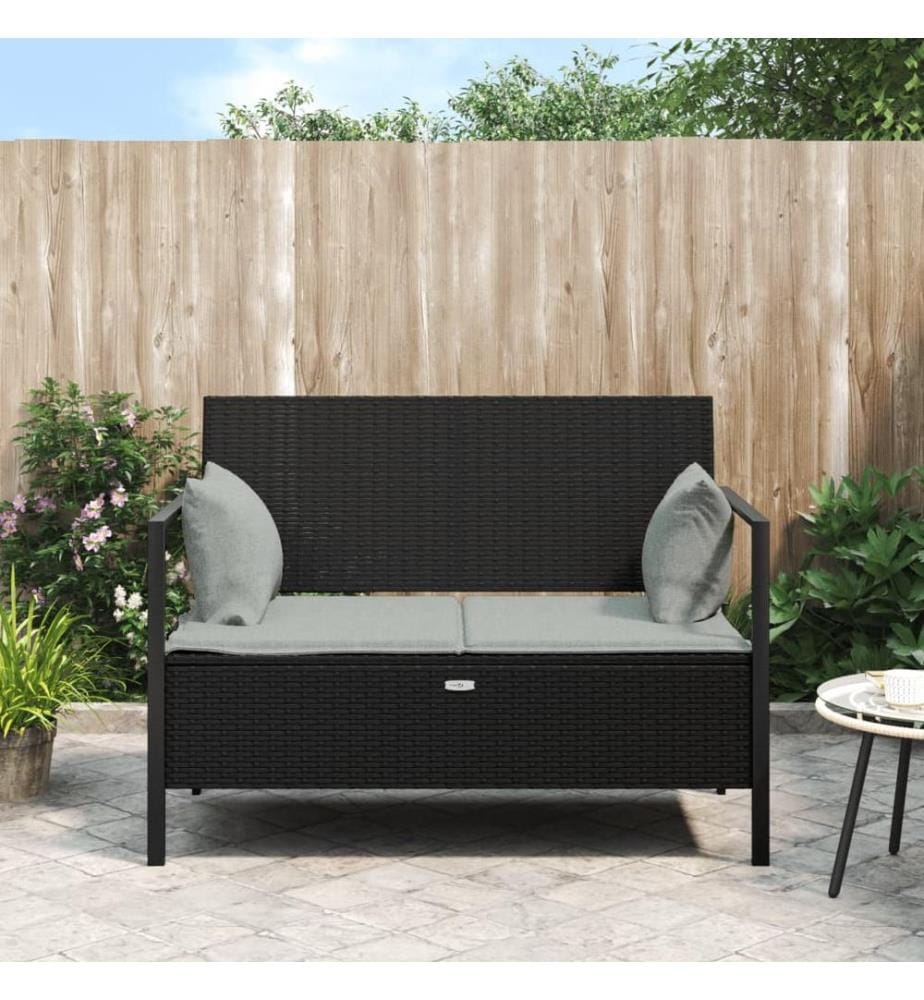 Gartenbank 2-Sitzer mit Kissen Schwarz Poly Rattan