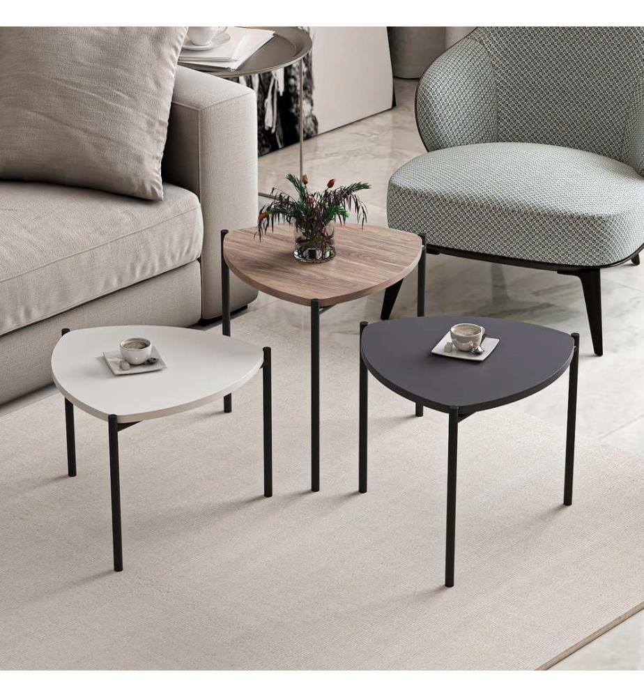 Table gigogne , 3 pièces, blanc, anthracite, noyer, panneau de particules mélaminé, structure métallique