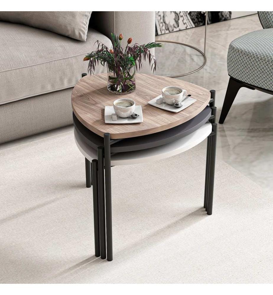 Table gigogne , 3 pièces, blanc, anthracite, noyer, panneau de particules mélaminé, structure métallique