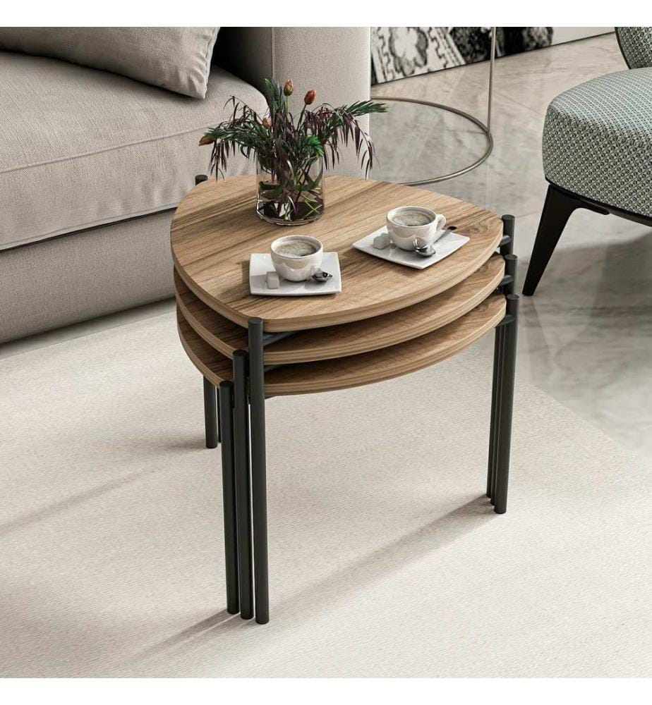 Table gigogne , 3 pièces, Noyer, Panneau de particules mélaminé, Structure métallique