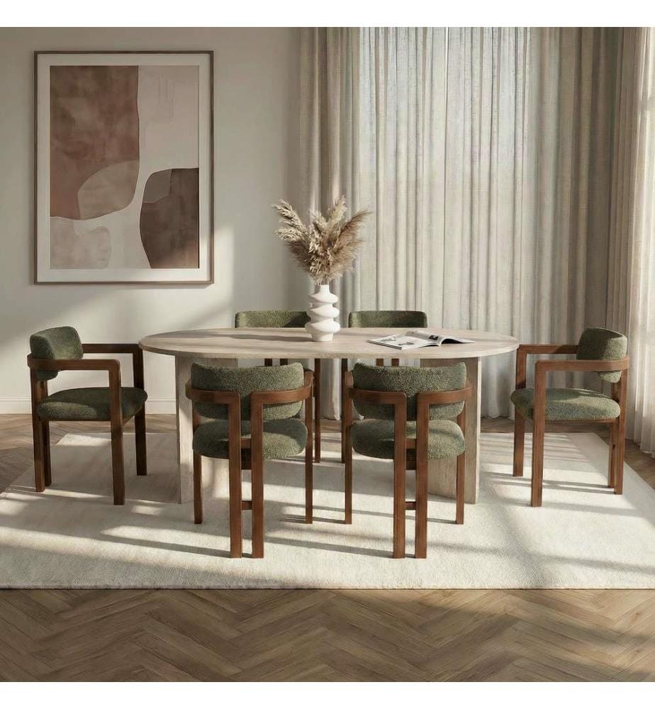 Ensemble table et chaises de salle à manger, 7 pièces, travertin, noyer, vert, panneau de particules 100 % recouvert de mélamine