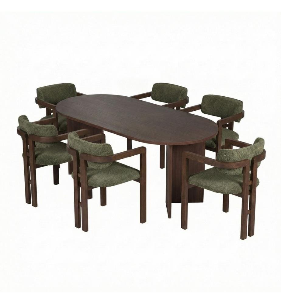 Ensemble table et chaises de salle à manger, 7 pièces, noyer Milano, noyer foncé, vert, panneau de particules 100 % recouvert de mélamine
