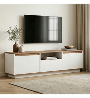 Meuble TV, pin de l'Atlantique, blanc, panneau de particules 100 % recouvert de mélamine