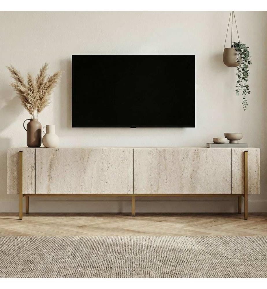 TV-Ständer, Travertin, Gold, 100 % melaminbeschichtete Spanplatte