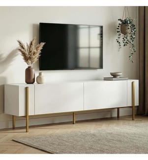 Meuble TV, blanc, doré, 100 % panneaux de particules recouverts de mélamine
