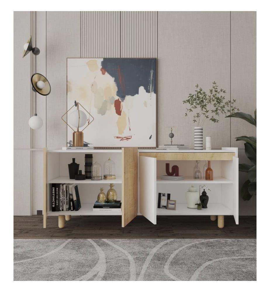 Console, panneaux de particules mélaminés, chêne saphir, blanc