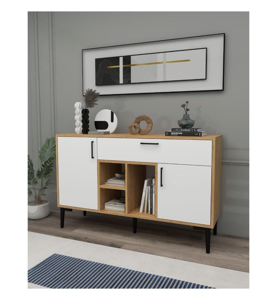 Console, panneau de particules 100 % mélaminé, chêne saphir, blanc
