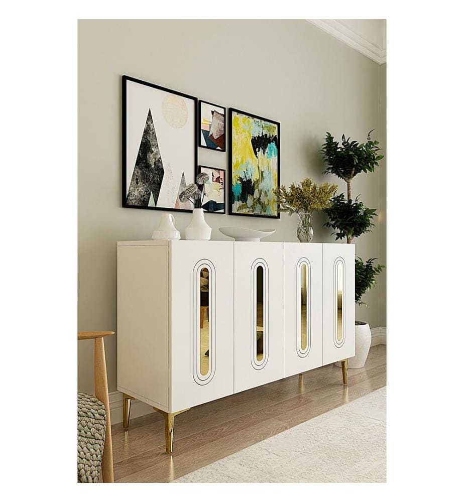 Console, panneau de particules 100 % mélaminé, blanc, or