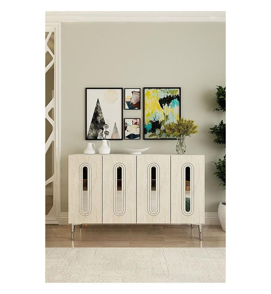 Console, panneau de particules 100 % mélaminé, blanc, travertin, argent