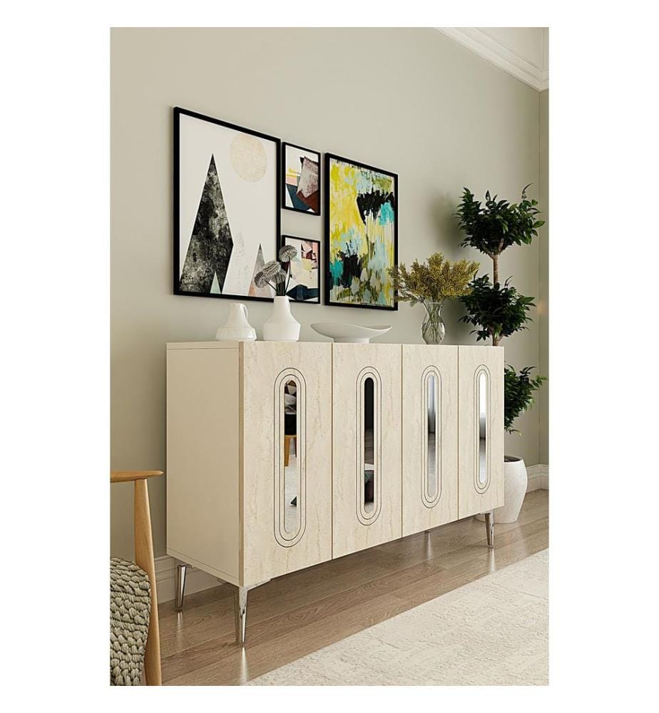Console, panneau de particules 100 % mélaminé, blanc, travertin, argent