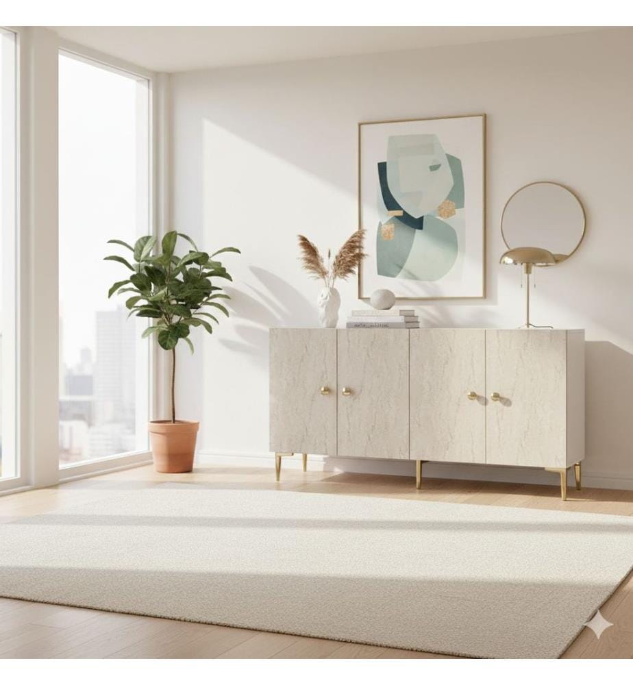 Console, panneau de particules 100 % mélaminé, blanc, travertin, or