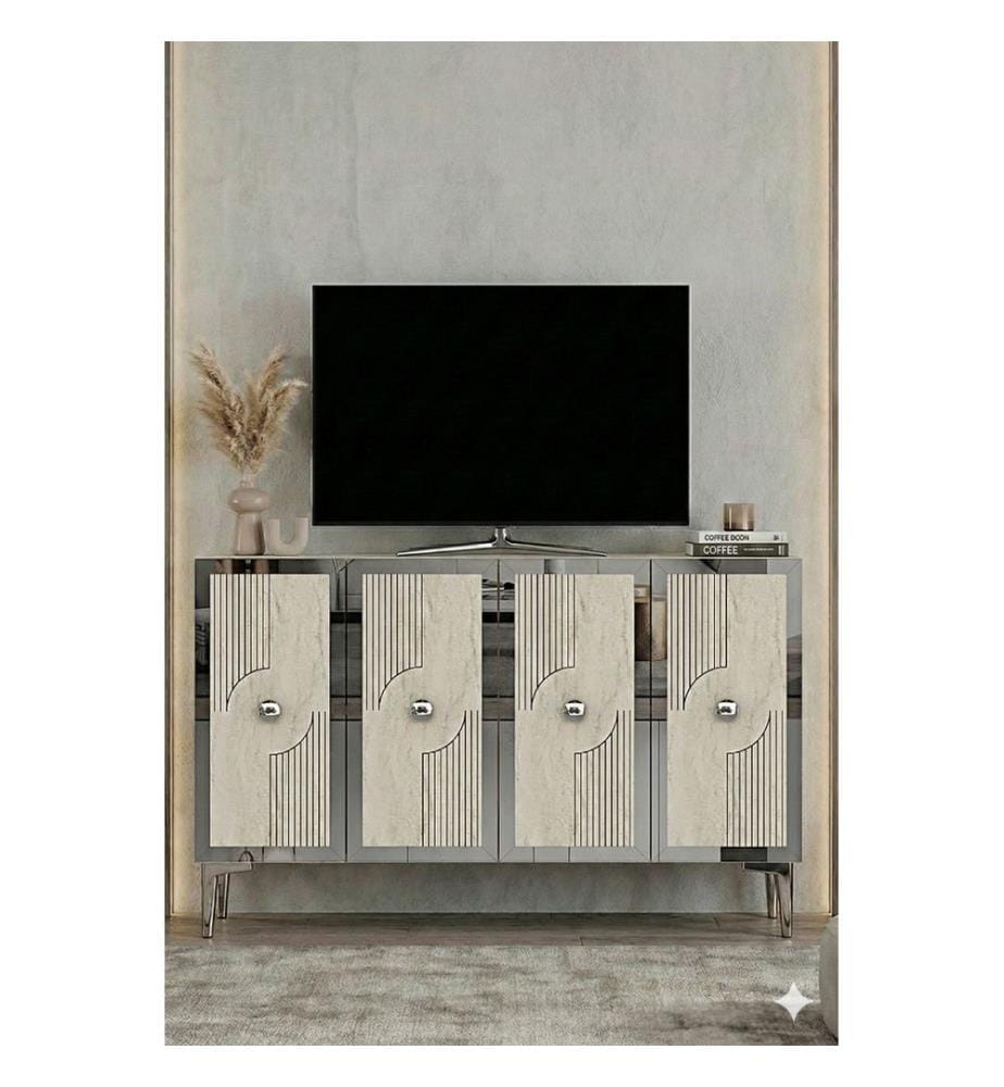 Console, panneau de particules 100 % mélaminé, blanc, travertin, argent