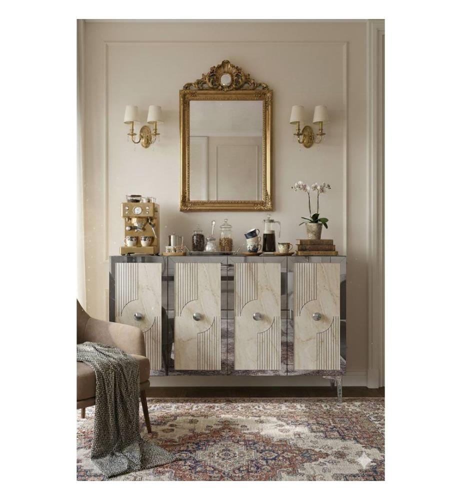 Console, panneau de particules 100 % mélaminé, blanc, travertin, argent