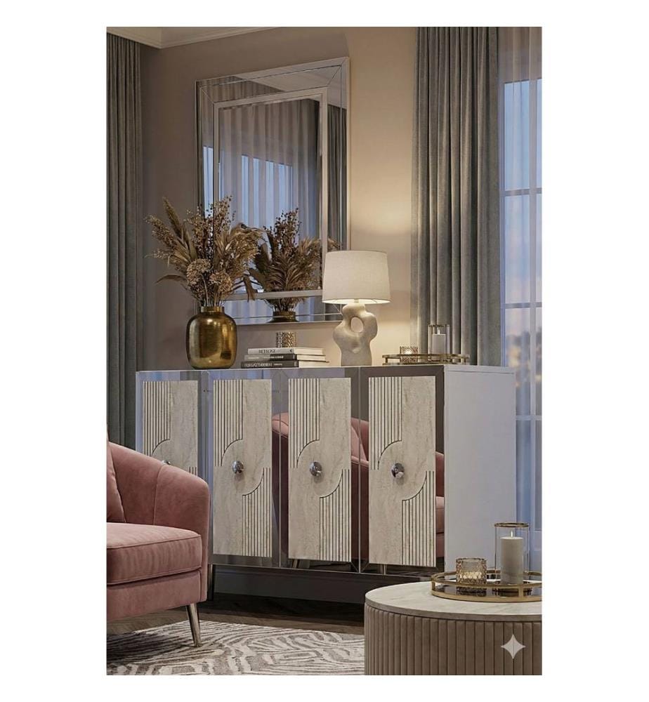 Console, panneau de particules 100 % mélaminé, blanc, travertin, argent