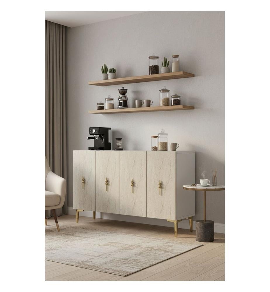 Console, panneau de particules 100 % mélaminé, blanc, travertin, or