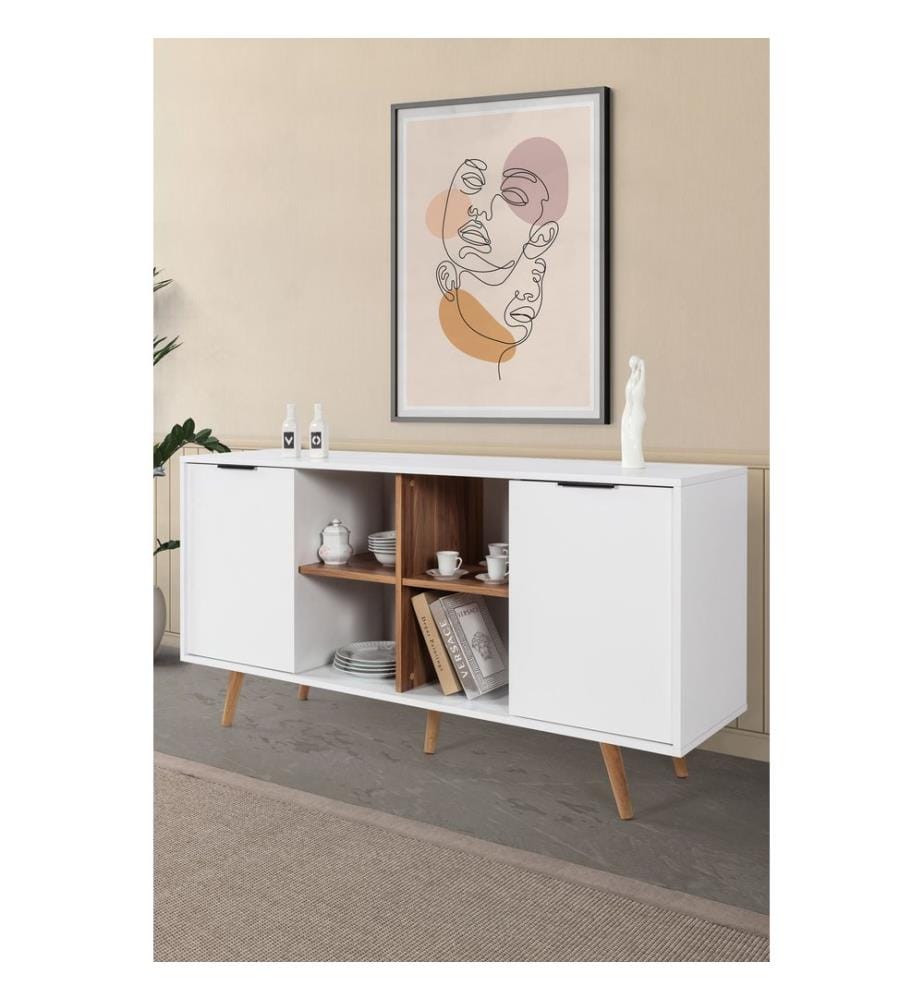 Console, panneau de particules 100 % mélaminé, blanc, noyer