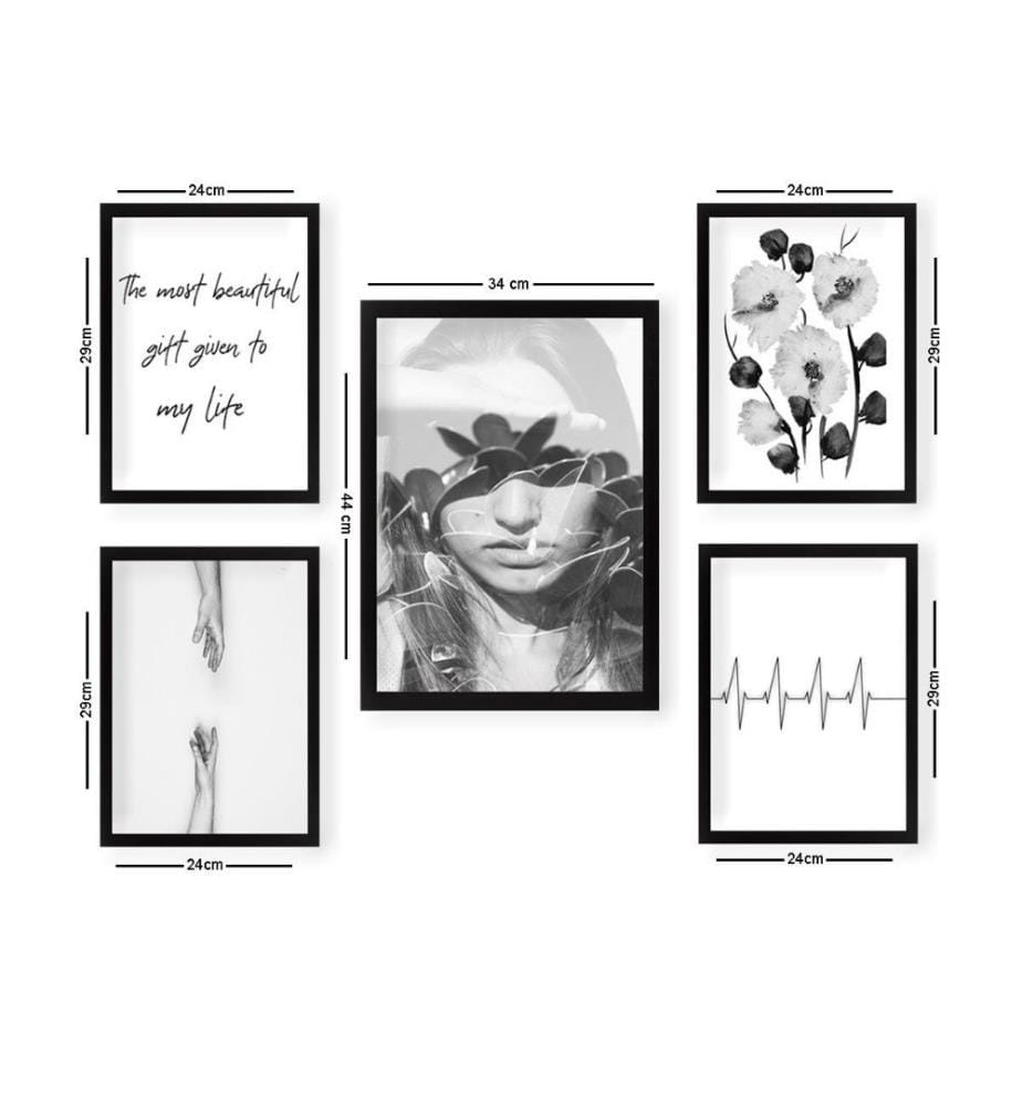Quadro decorativo con cornice, 5 pezzi, bianco, nero, MDF, cornice in plastica