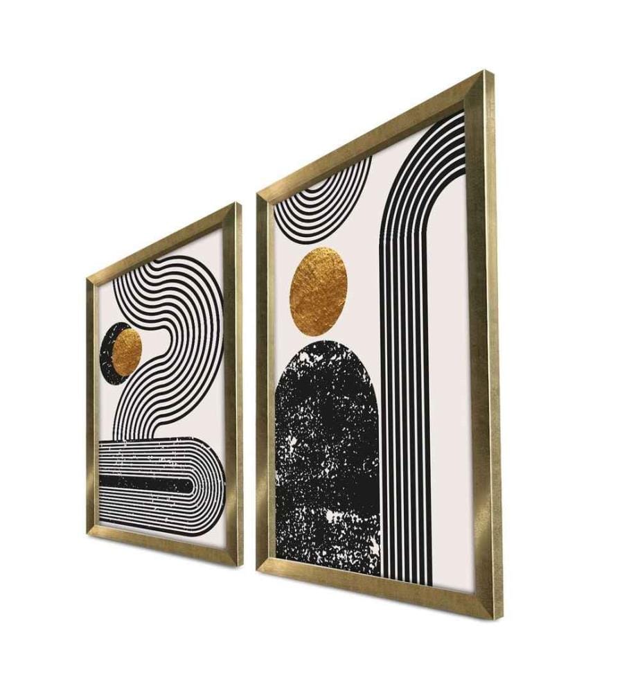 Dekorative gerahmte MDF-Gemälde, 2 Stück, Gold Weiss Schwarz, MDF, Holz gerahmt