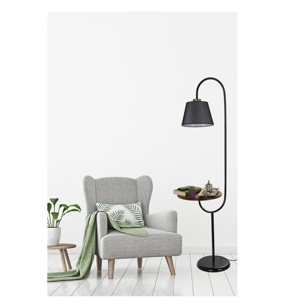 Lampada da terra, Nero, Corpo in metallo, Cappuccio in tessuto, Ripiani in legno