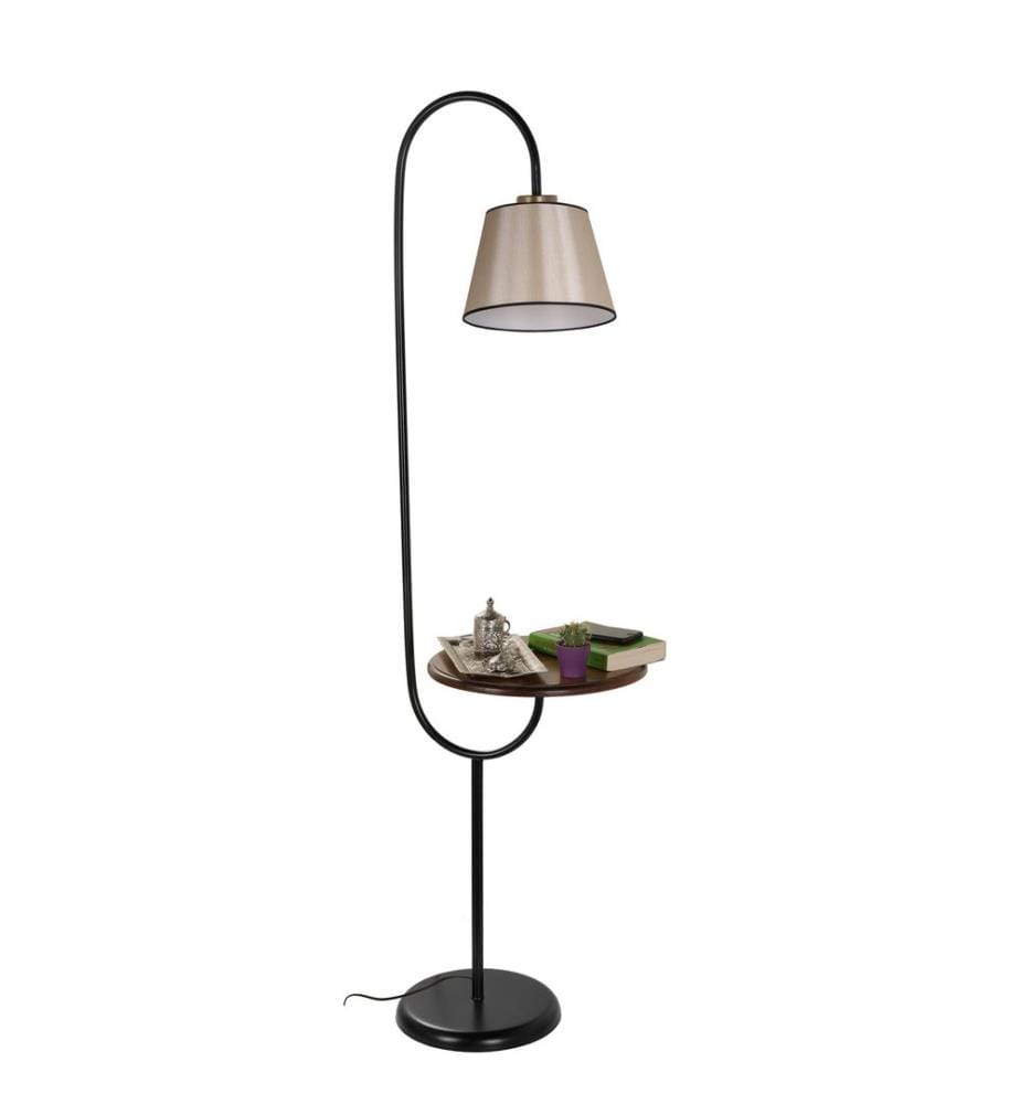 Stehlampe, Dunkelbeige, Metallgehäuse, Stoffabdeckung, Holzregale