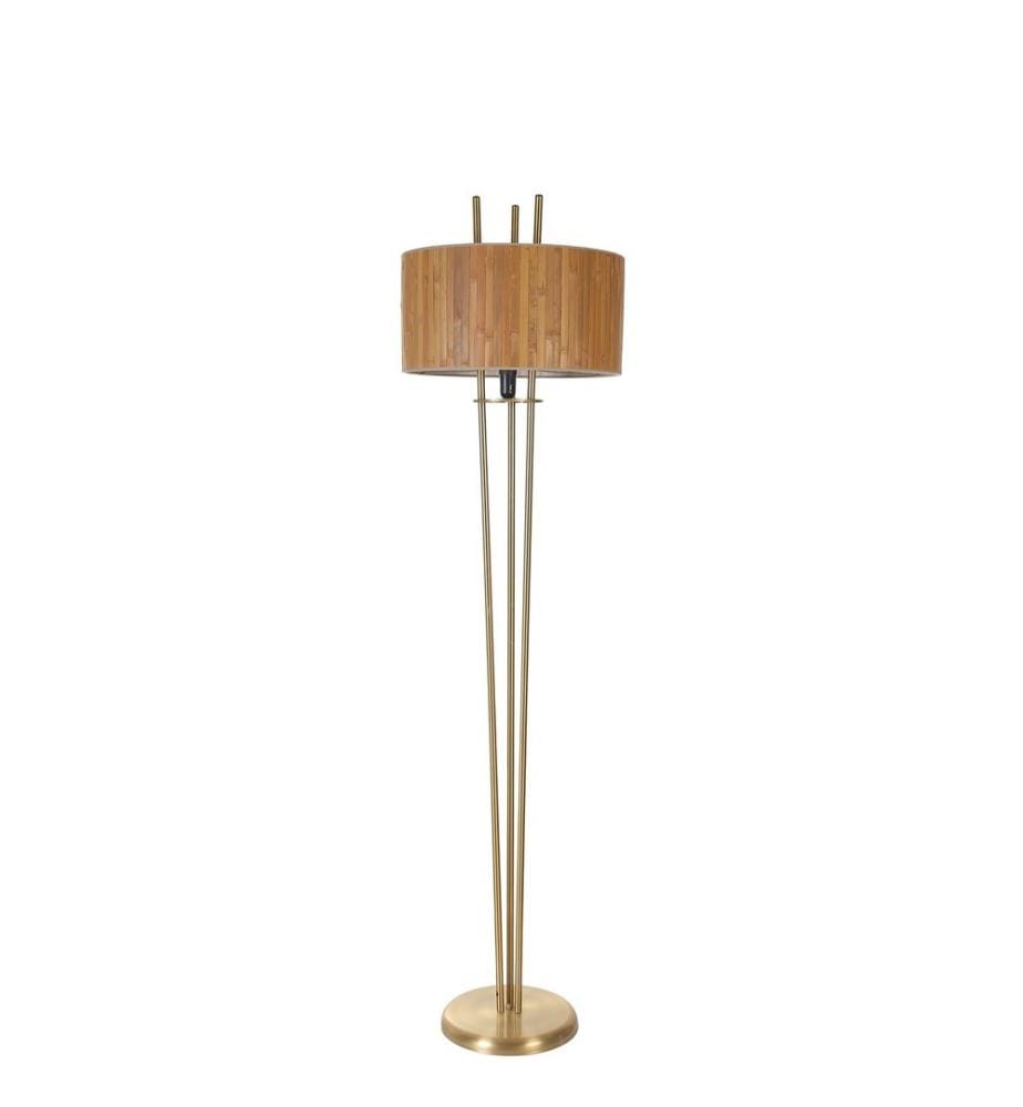 Stehleuchte, Eiche, Gold, Metallkörper, Bambuskappe