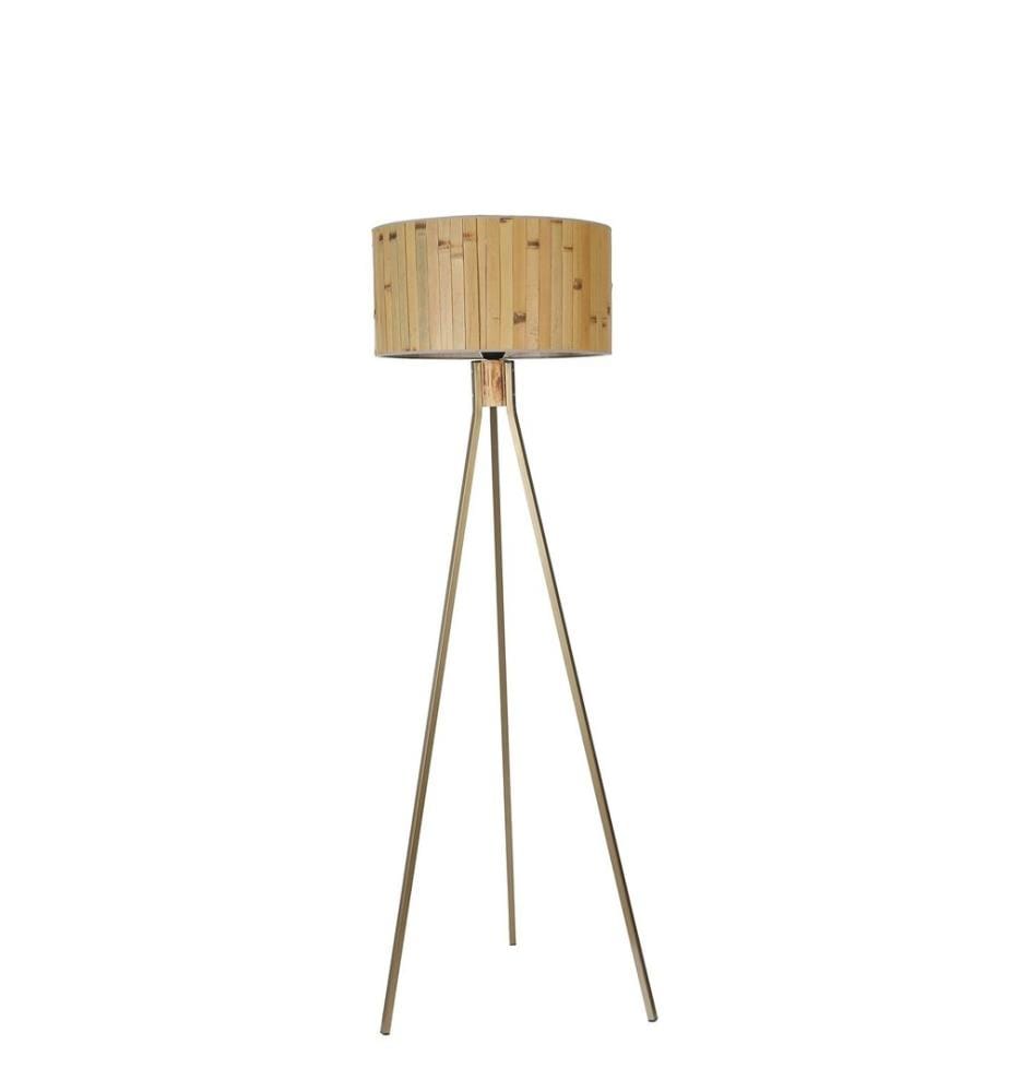 Stehleuchte, Eiche, Gold, Metallkörper / Holzkörper, Bambuskappe