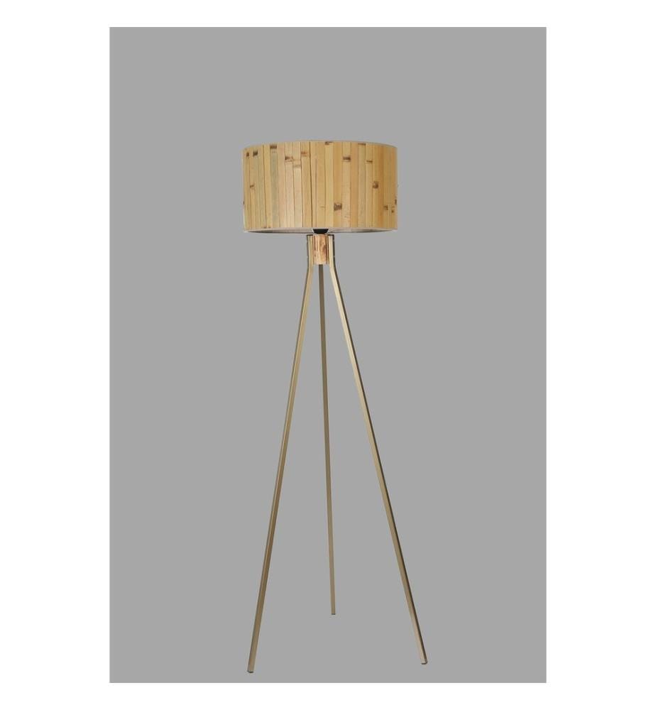 Stehleuchte, Eiche, Gold, Metallkörper / Holzkörper, Bambuskappe