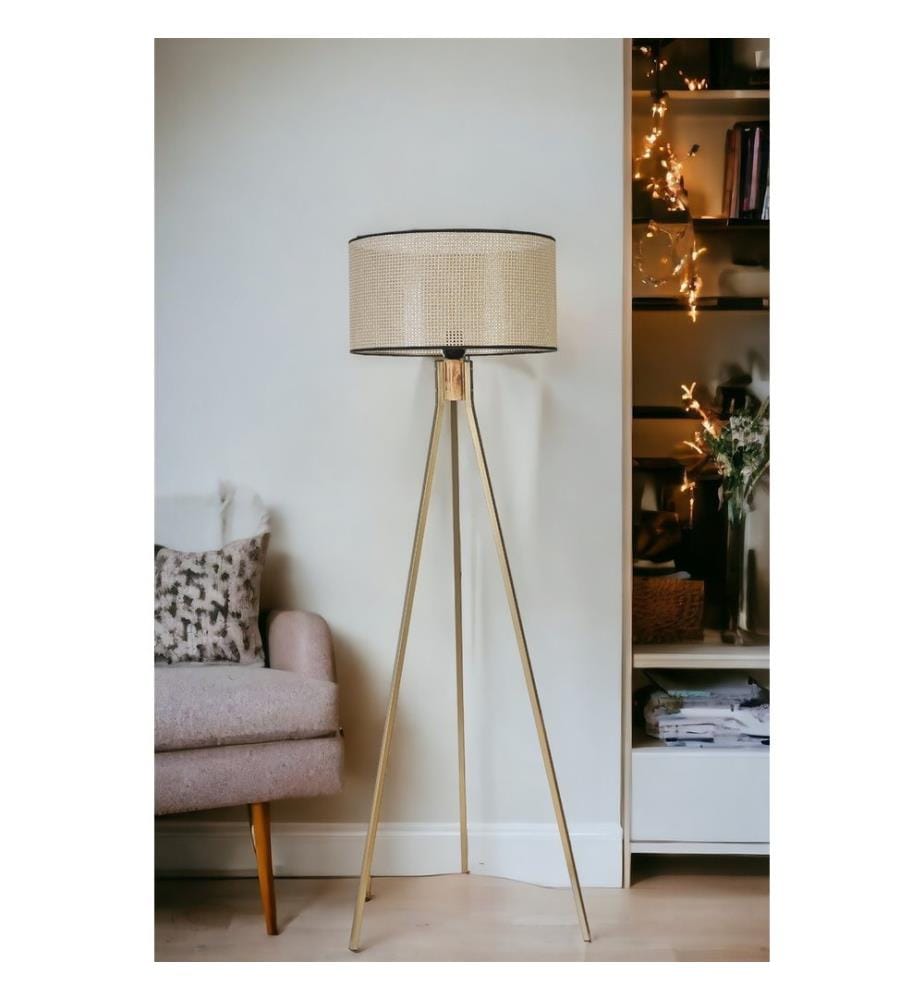 Stehleuchte, Gold, Metallkörper/Holzkörper, Bambuskappe