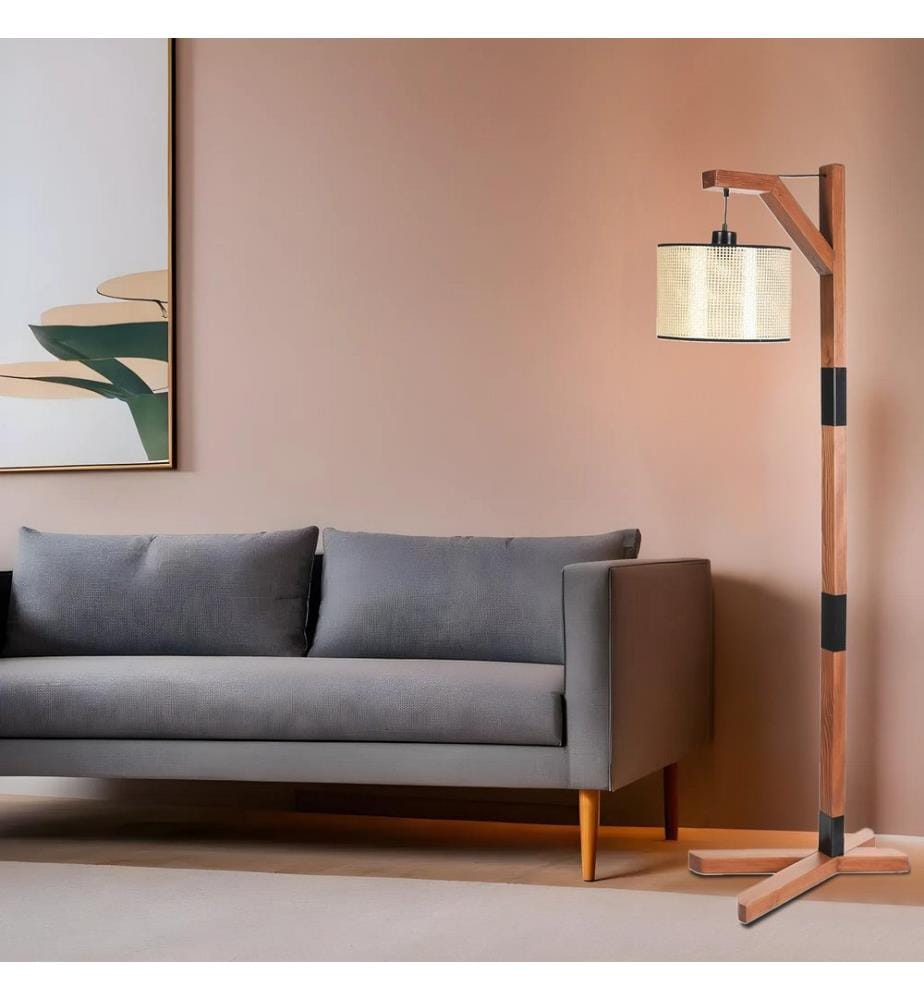 Stehleuchte, Walnuss, beige, Metallkörper, Stoffkappe