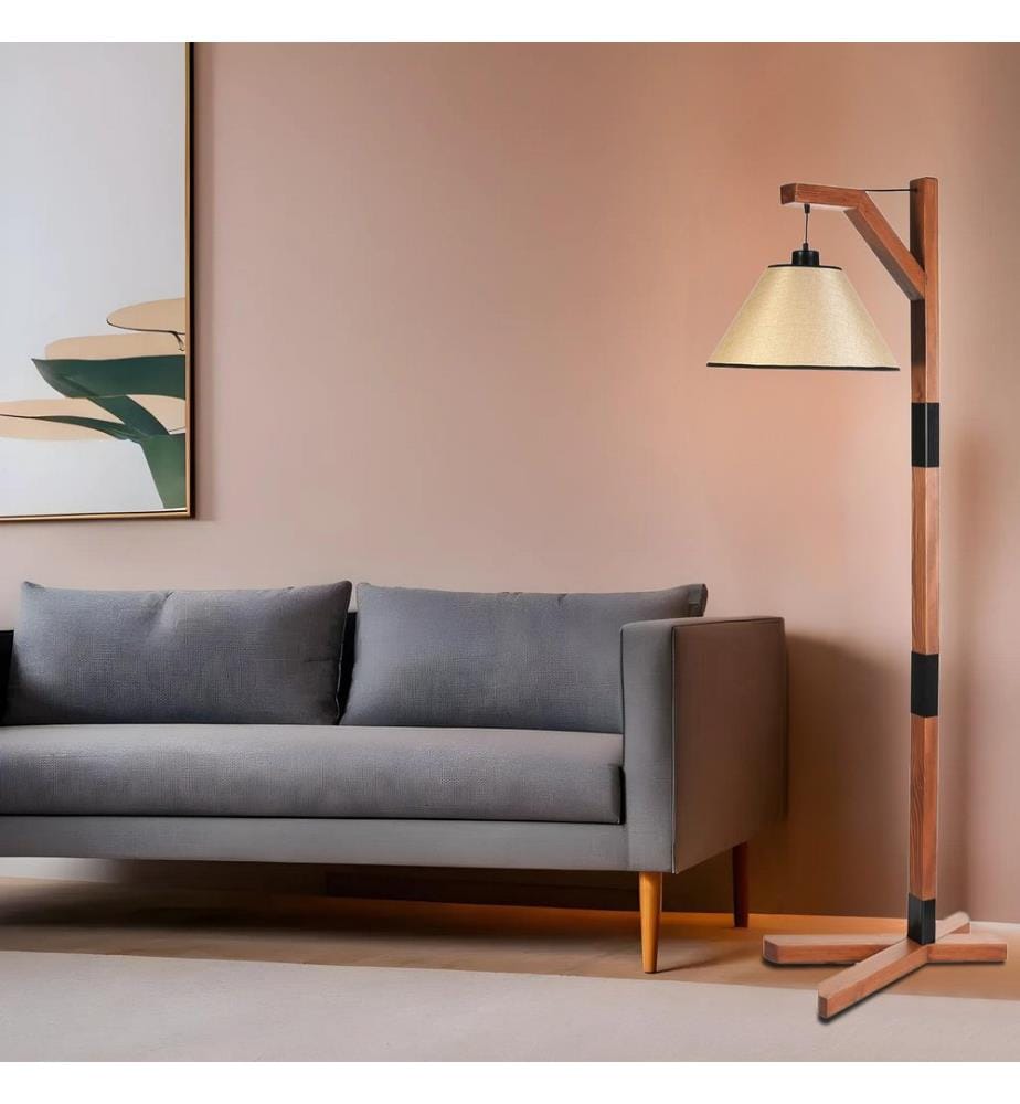 Stehleuchte, Walnuss, beige, Metallkörper, Stoffkappe